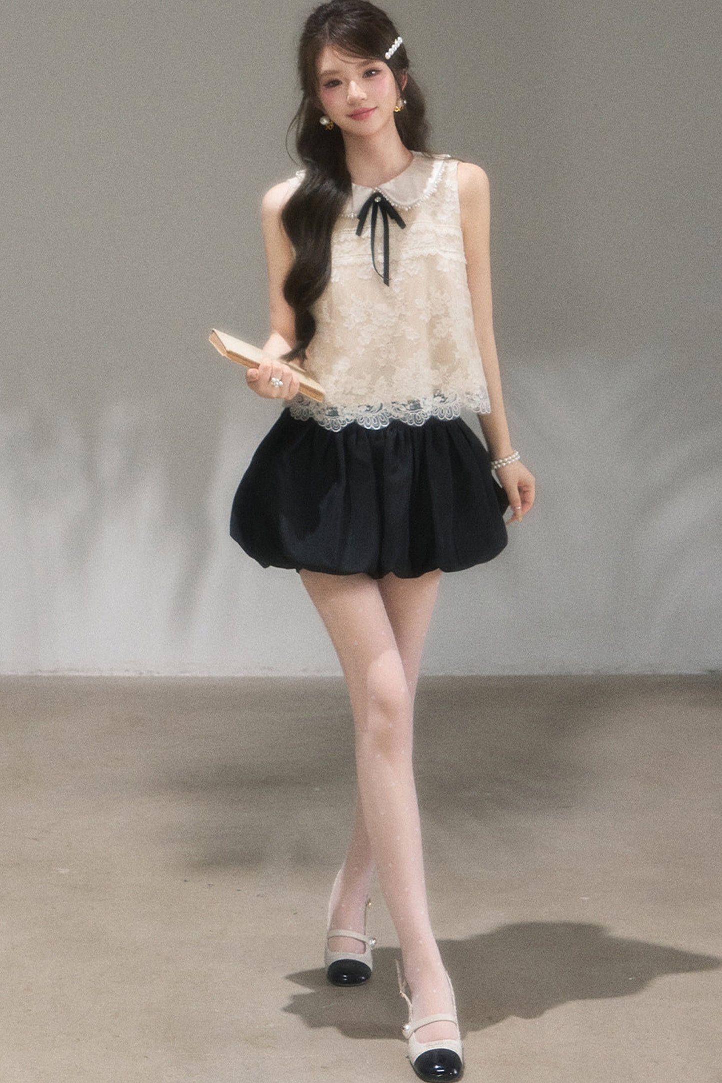 Doll Collar Lace Top and Floral Skirt Set-Up