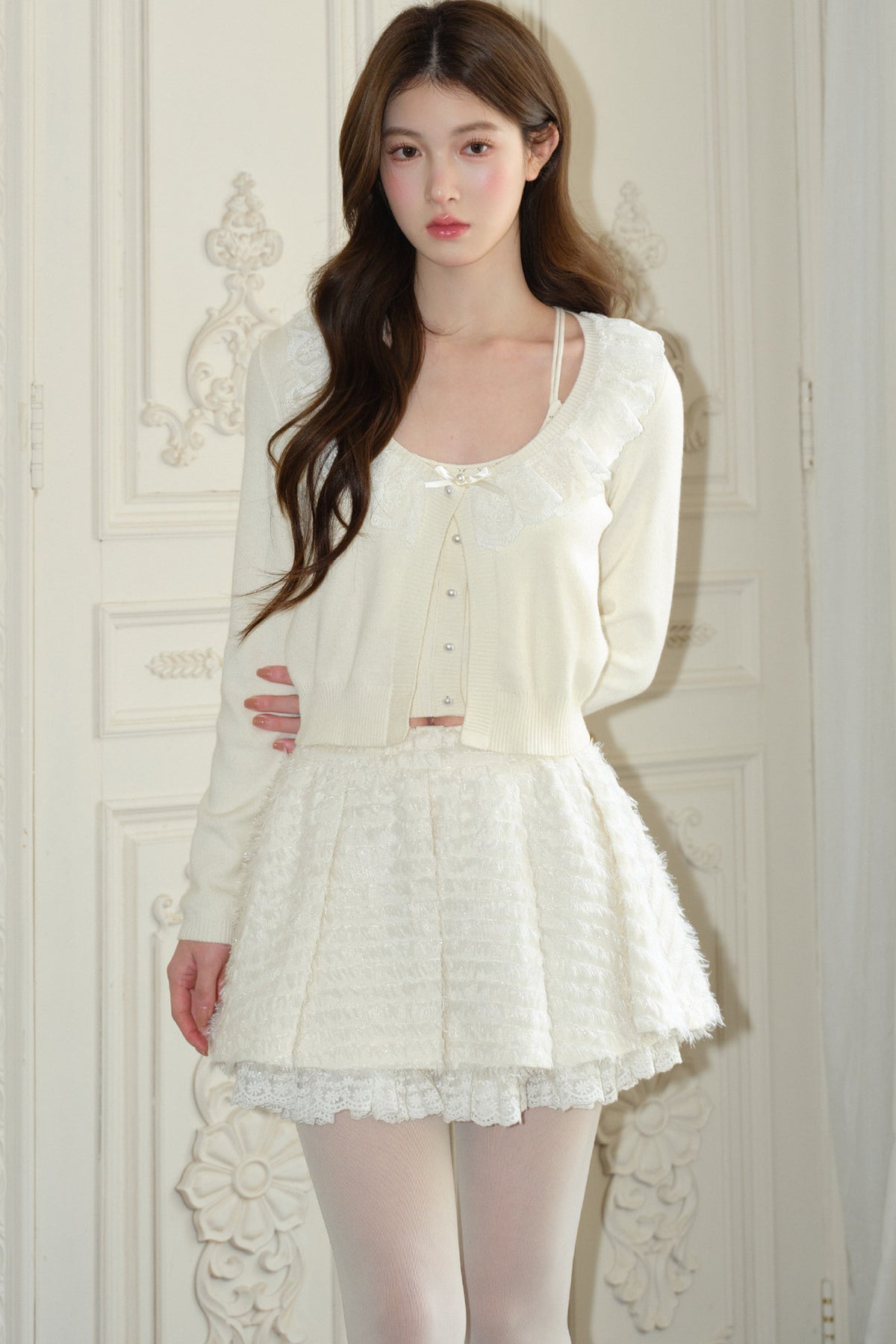 Tassel Sequin Pleated Lace Skirt