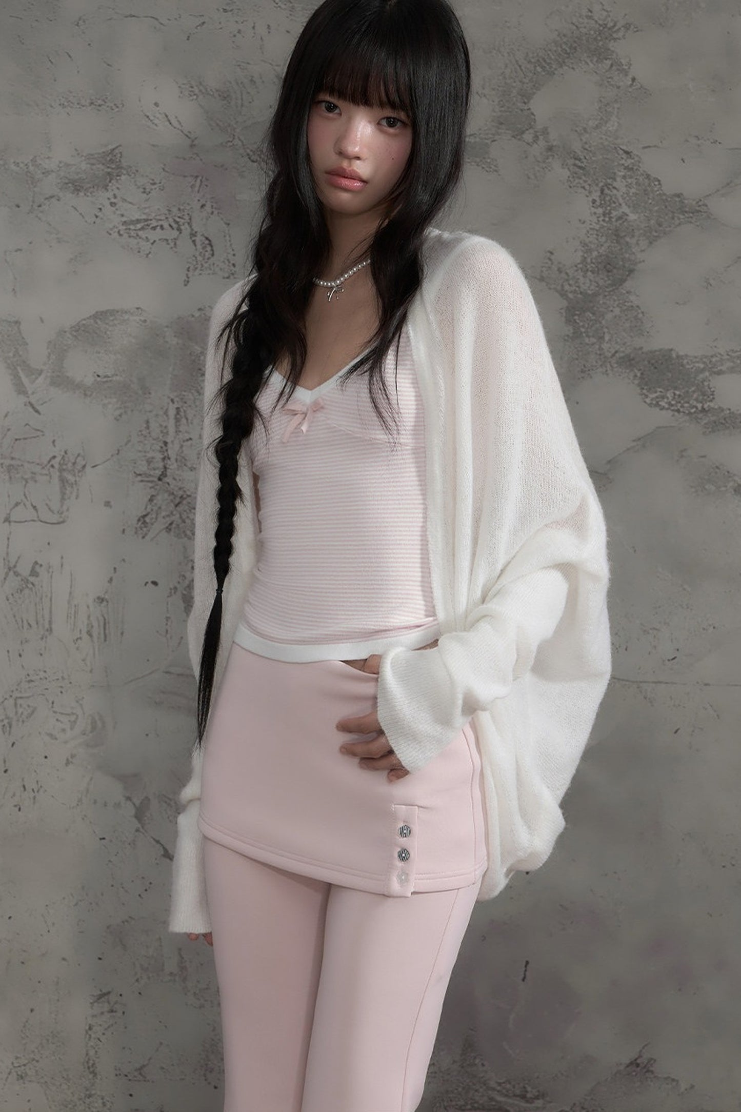 White Sheer Knit Batwing Cardigan set-Up