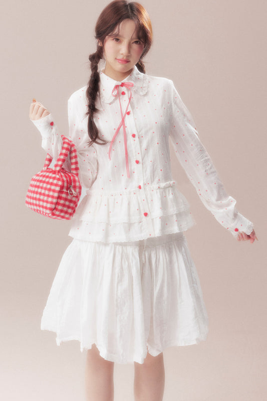 Bow Polka Dot Shirt and Skirt Set-Up