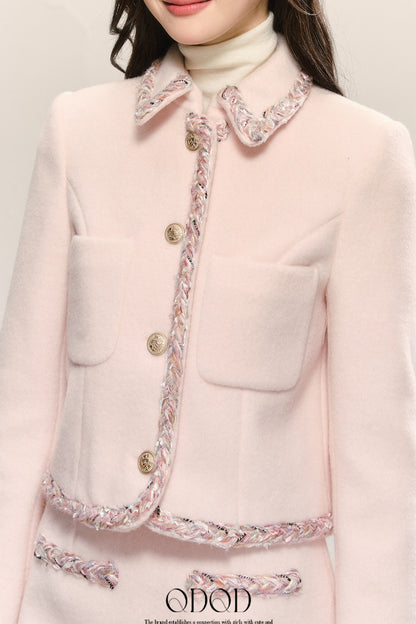 Miu Series Pink Woolen Coat Skirt Set-Up