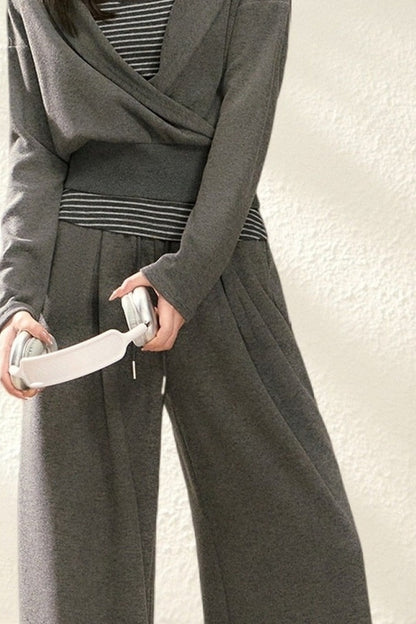 V-Neck Sweatshirt and Wide-Leg Pants Set-Up