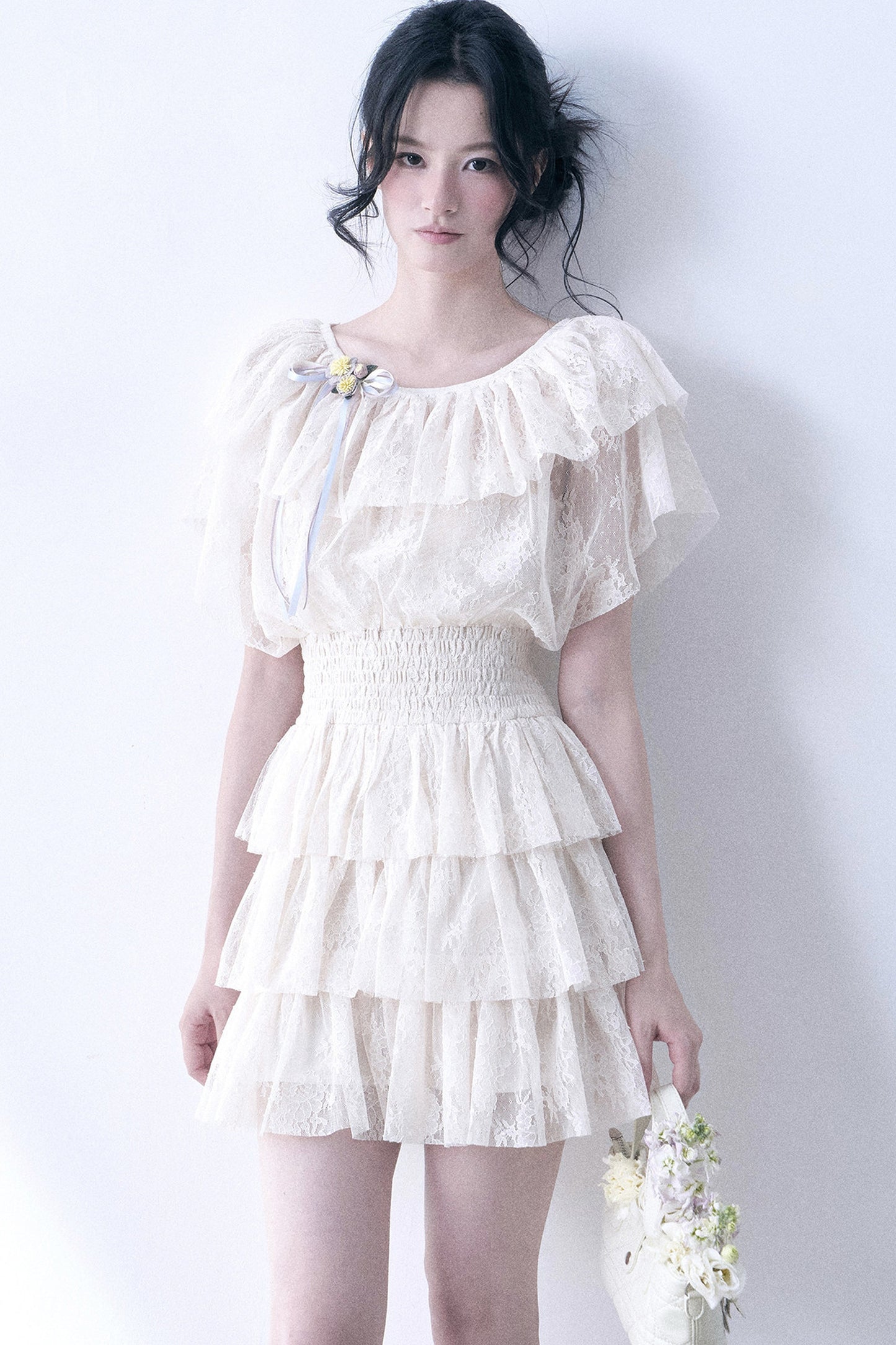 Layered Lace Ruffle Flutter Sleeve Tiered Dress