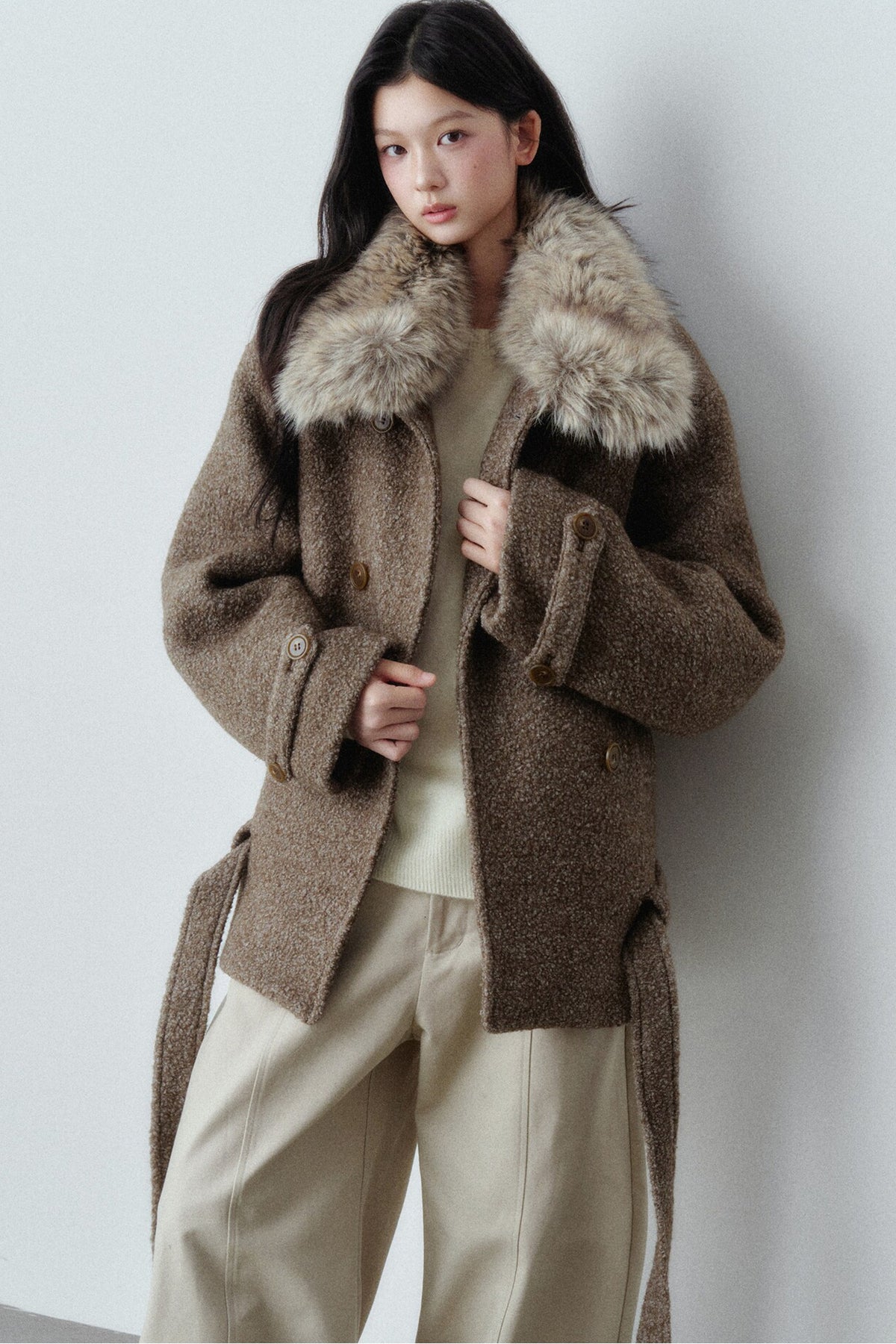 Napoleon Buckle Wool Fur Collar Jacket