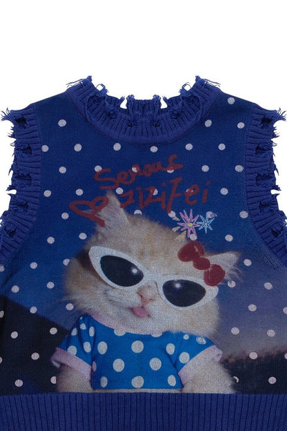 Navy Blue Cat Print Polka Dot Vest
