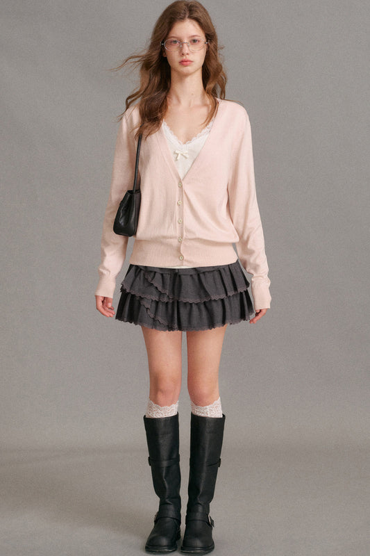 Cardigan a maglia a toppe con scollo a V, maniche lunghe e bordi in pizzo