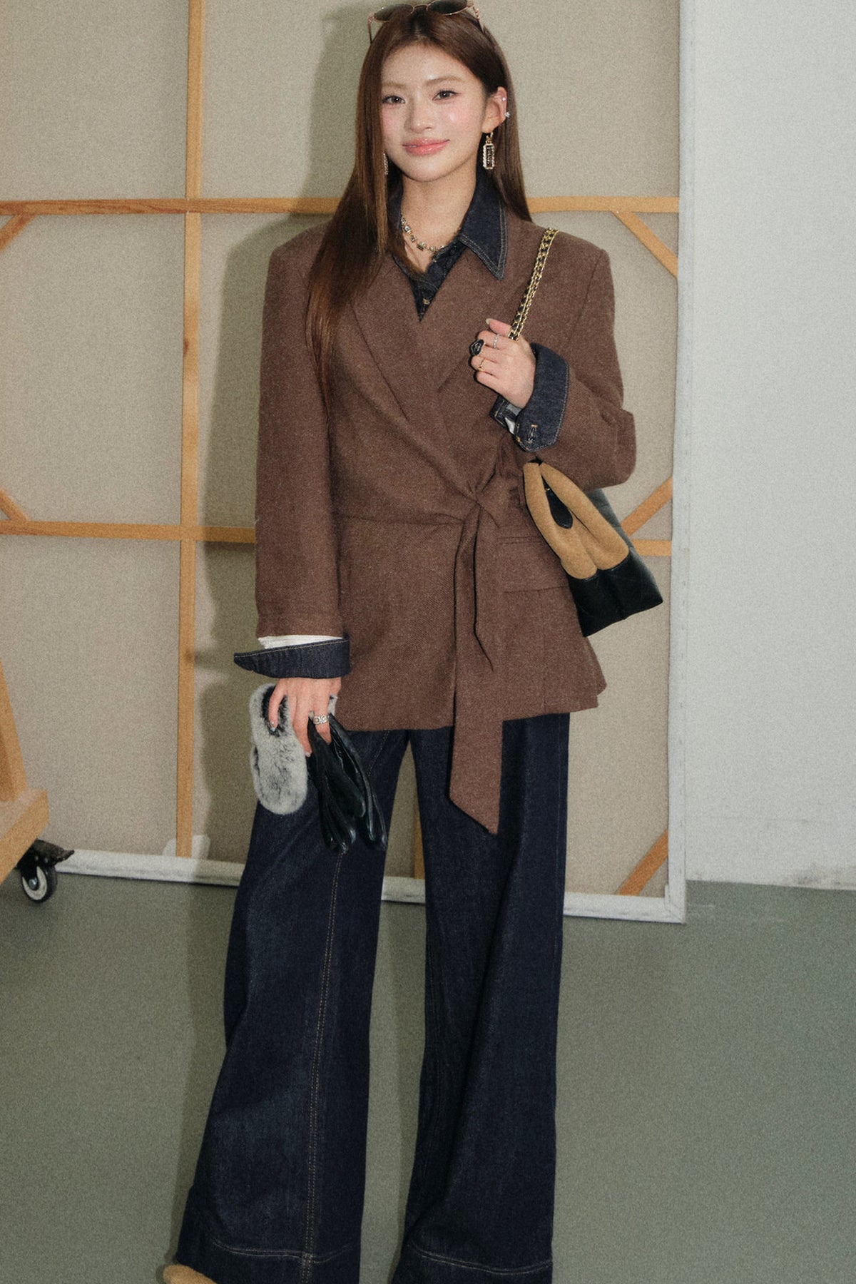 Coffee Lace-Up Woolen Linen Suit Jacket, Jeans and Top Set-Up