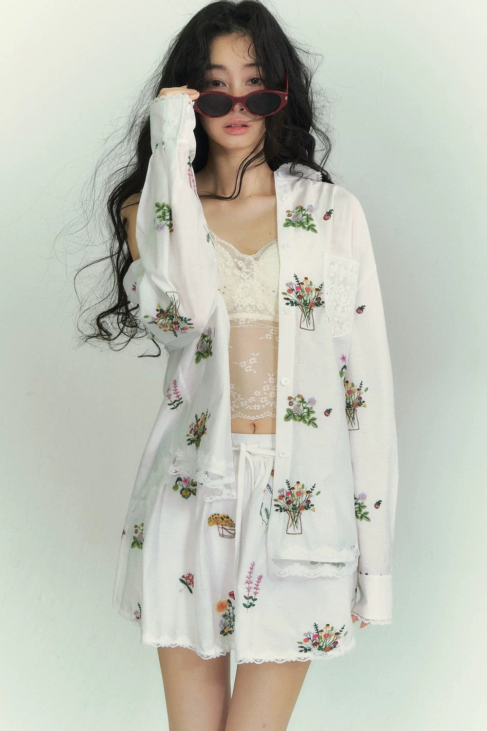 Floral lace embroidered blouse and skirt set