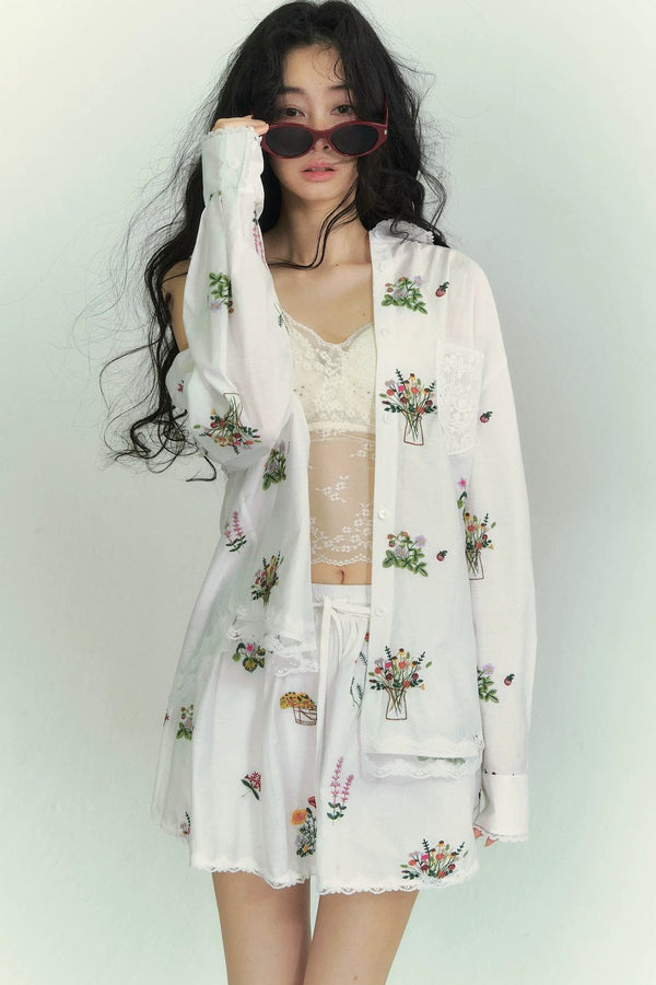 Floral lace embroidered blouse and skirt set