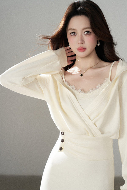 Apricot Flared Lace Dress and Hooded Sweatshirt