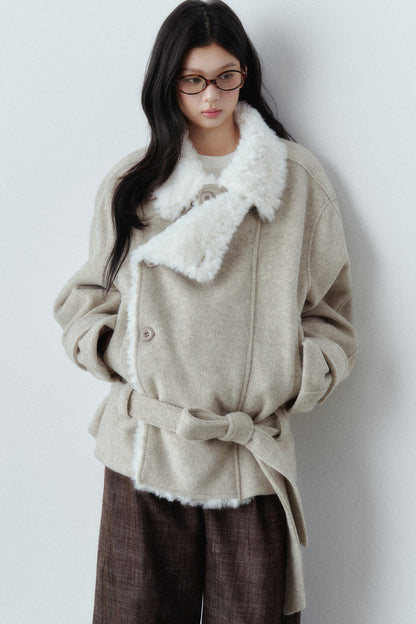 Plush Lapel Woolen Tie-Up Jacket