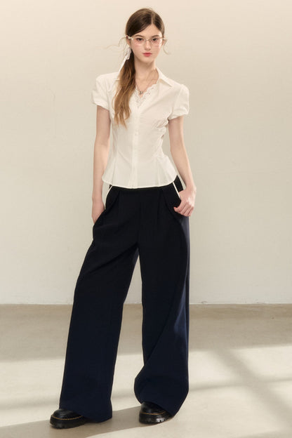 White Pleated V-Neck Short-Sleeve Shirt