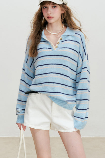 Striped Knit Pullover Polo Shirt