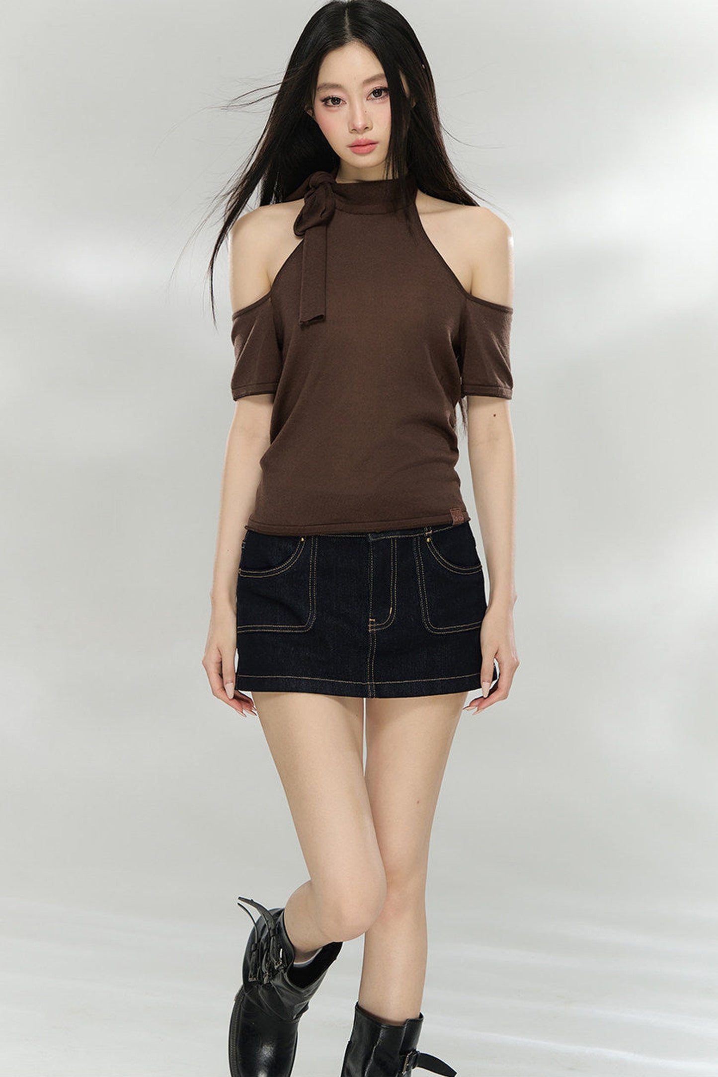 Woolen Off-Shoulder Patchwork Top