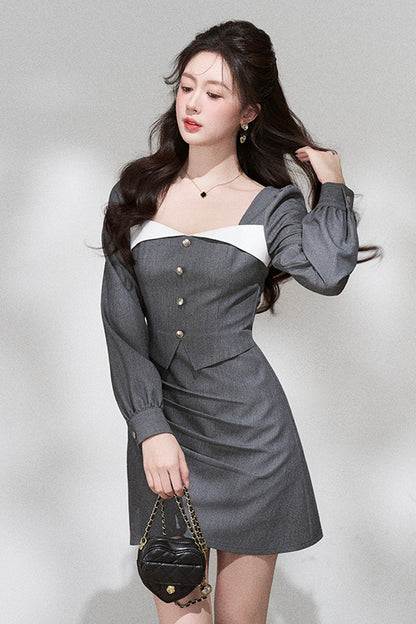 Square Neck Long Sleeve Dress