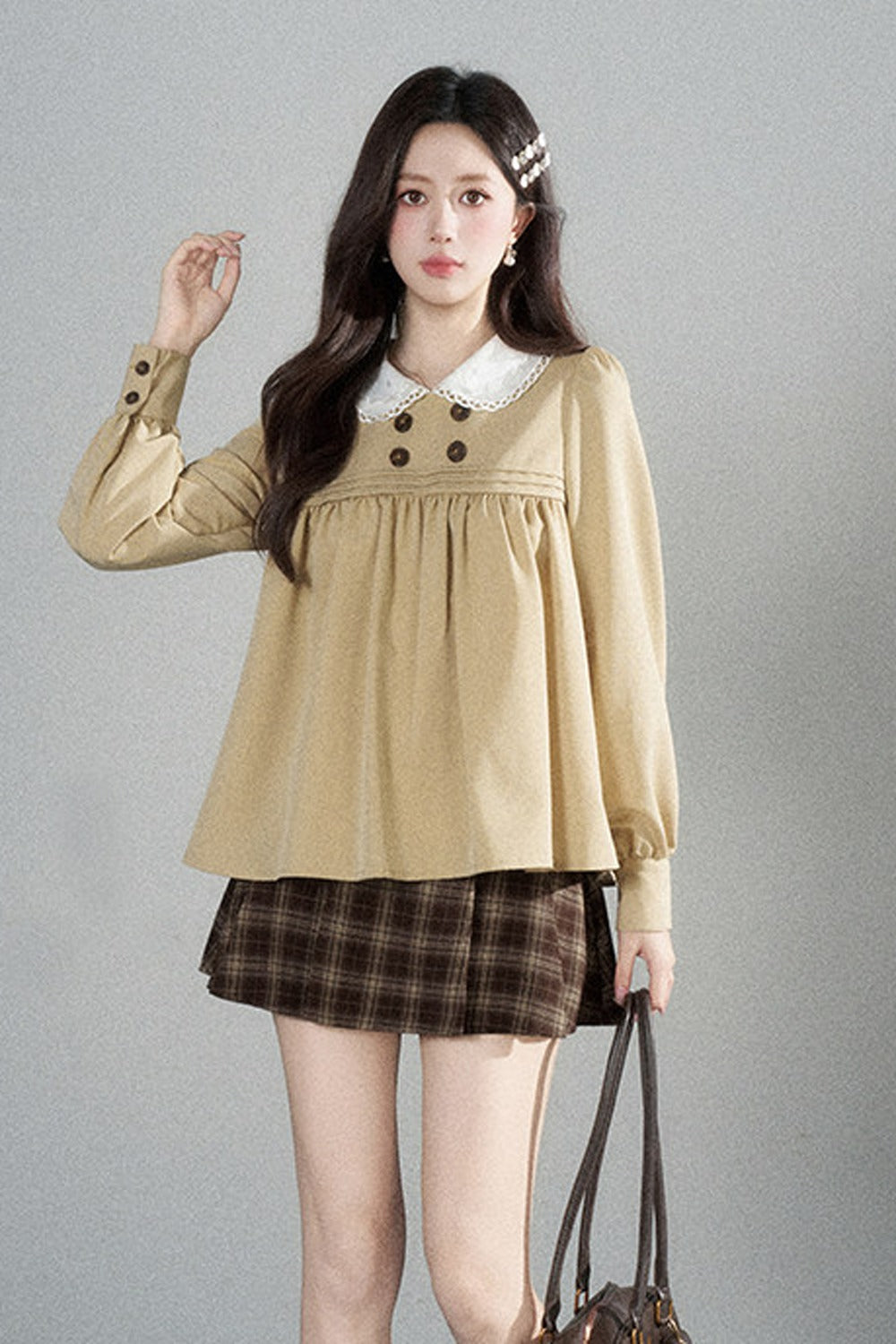 Khaki Doll Collar Pullover Shirt and Skirt Set-Up