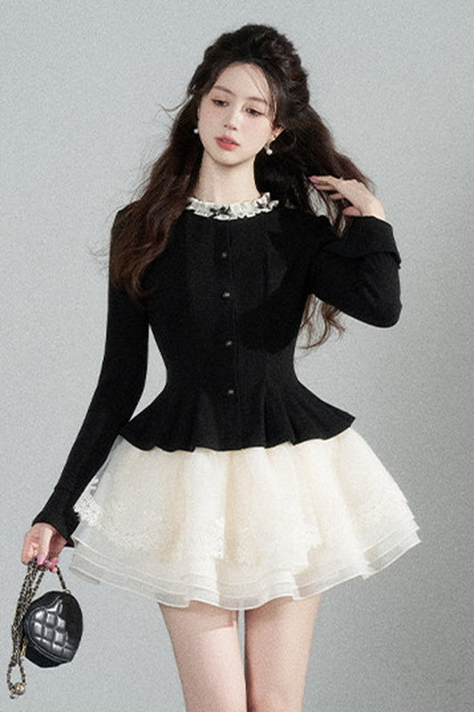 Black Waist-Cinching Shirt and Mesh Puffy Skirt Set-Up