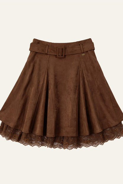 Faux Suede Lace Patchwork Skirt