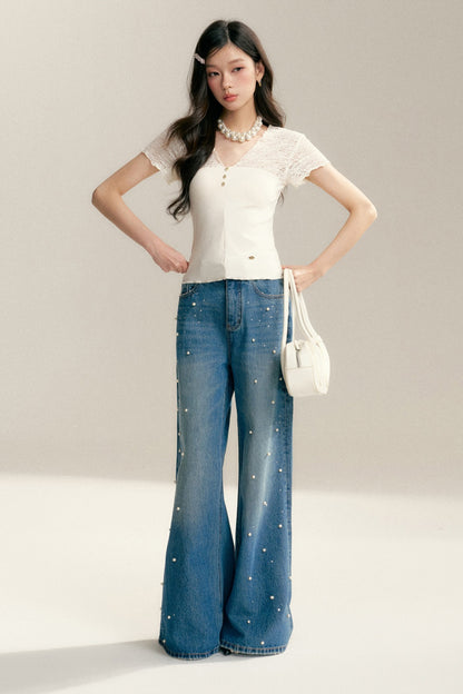 Pearl Rhinestone Wide Leg Jeans