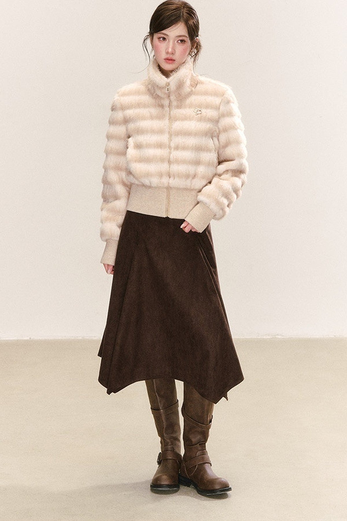 Apricot Faux Fur Stand-Collar Jacket