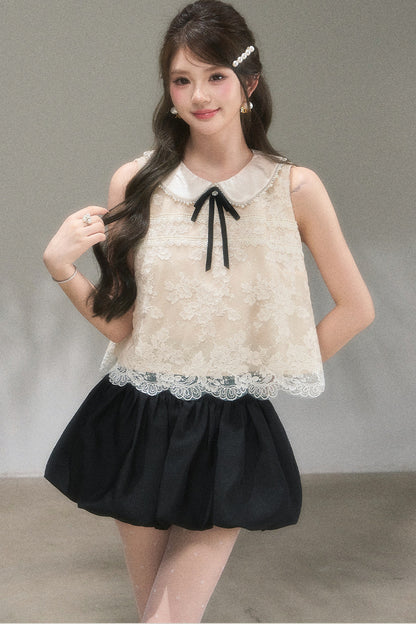 Doll Collar Lace Top and Floral Skirt Set-Up