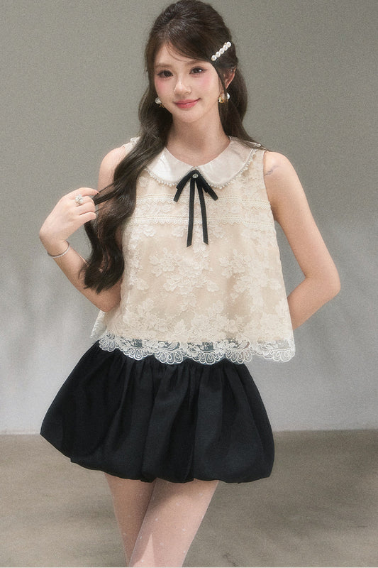 Doll Collar Lace Top and Floral Skirt Set-Up