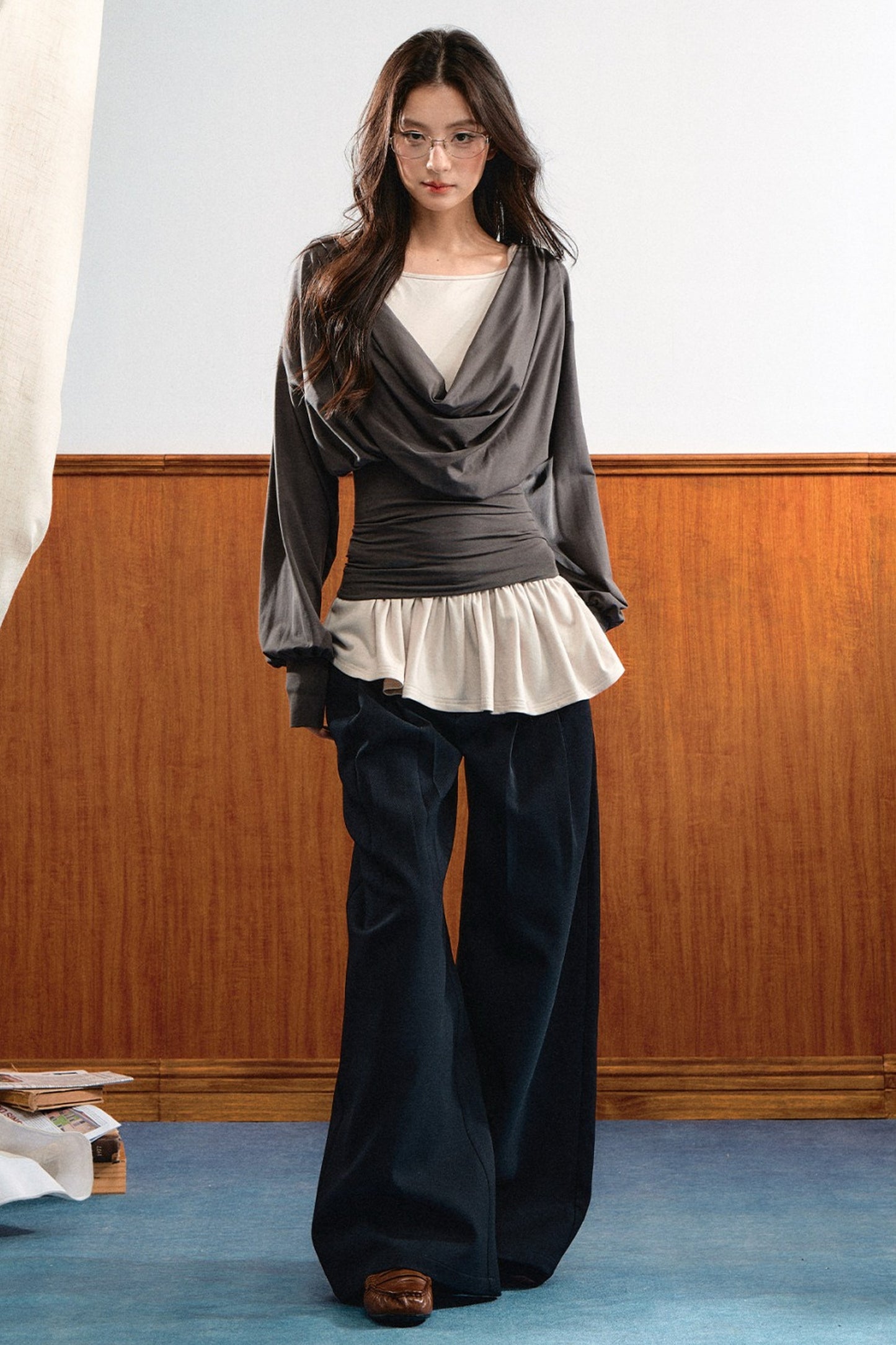 Draped Ruched Blouse and Inner Top Set-Up