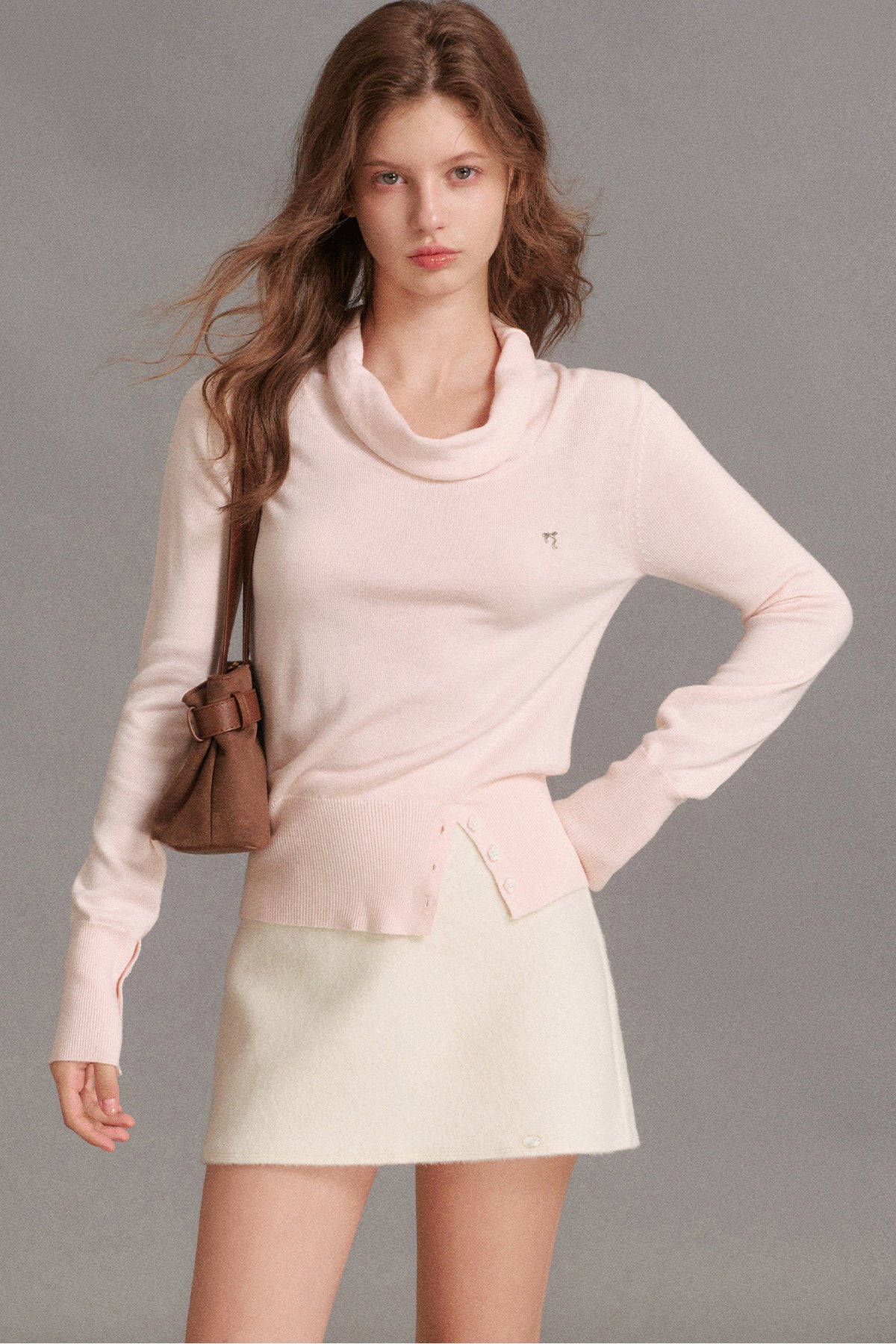 Asymmetric Diagonal Button Cowl Knit Top
