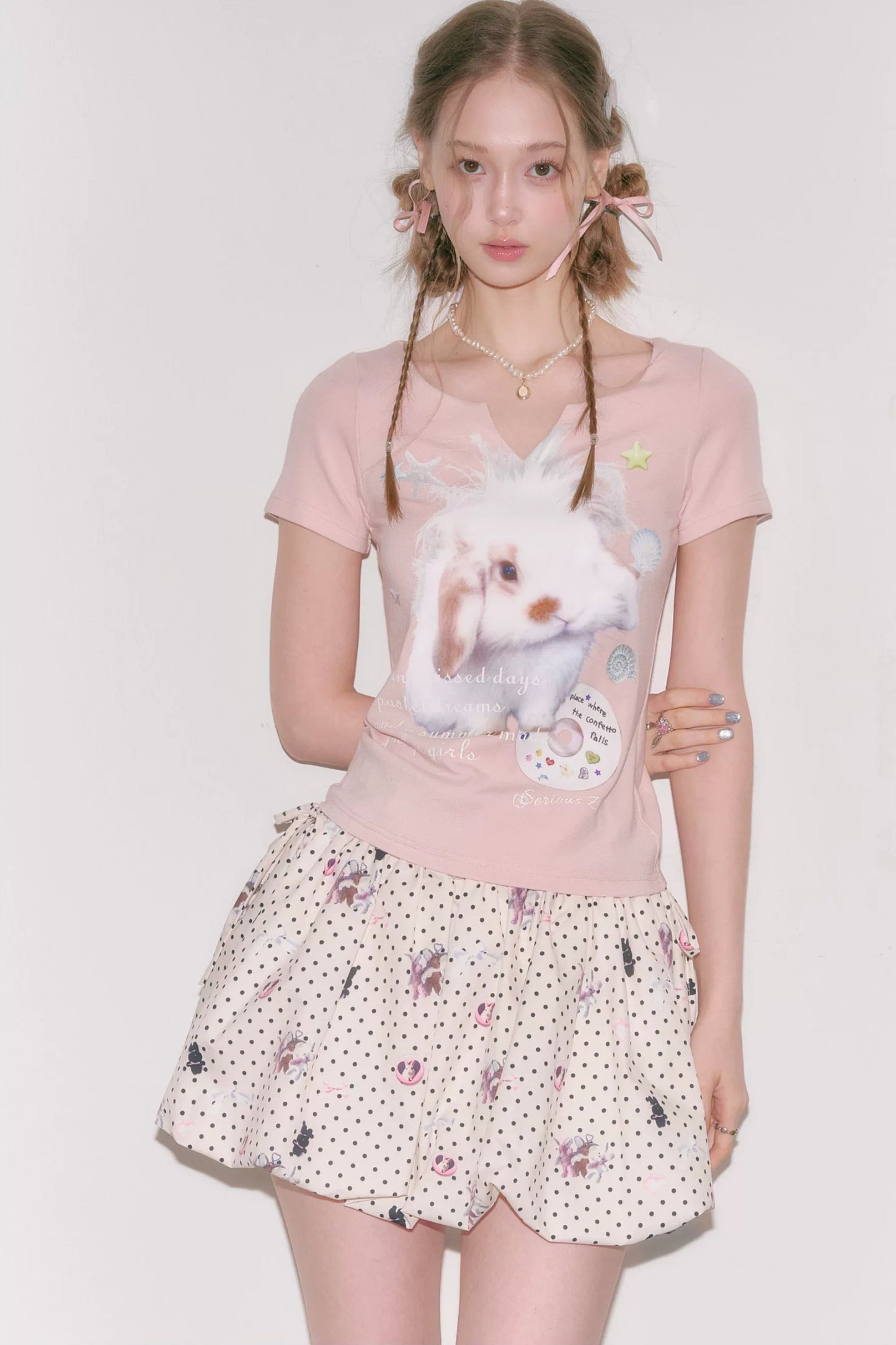 Fuzzy Pink Rabbit Print T-Shirt