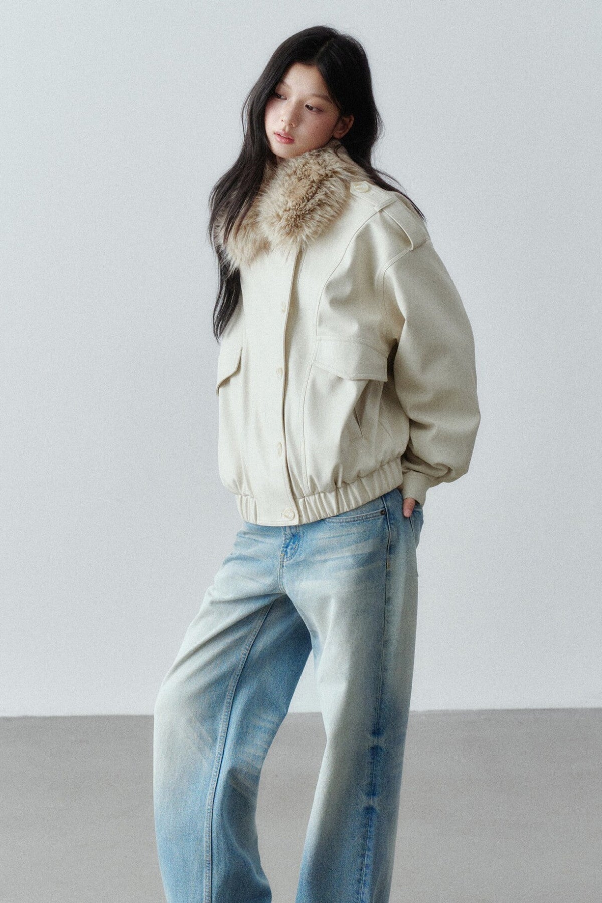 Fur Collar Button-Up Short Jacket