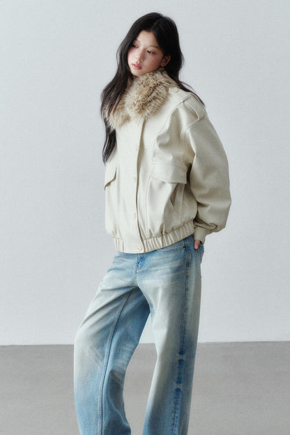 Fur Collar Button-Up Short Jacket