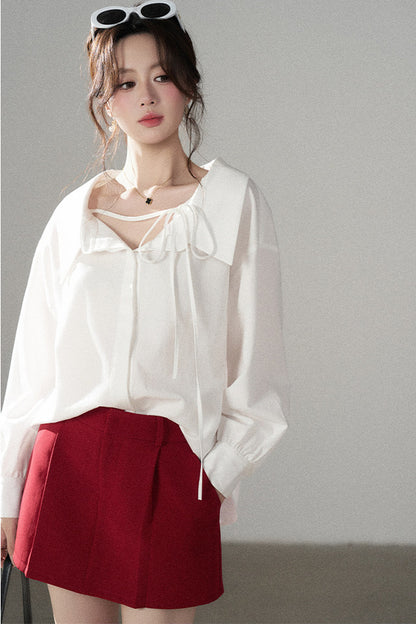 Long-Sleeve V-Neck Shirt and Skirt Set-Up