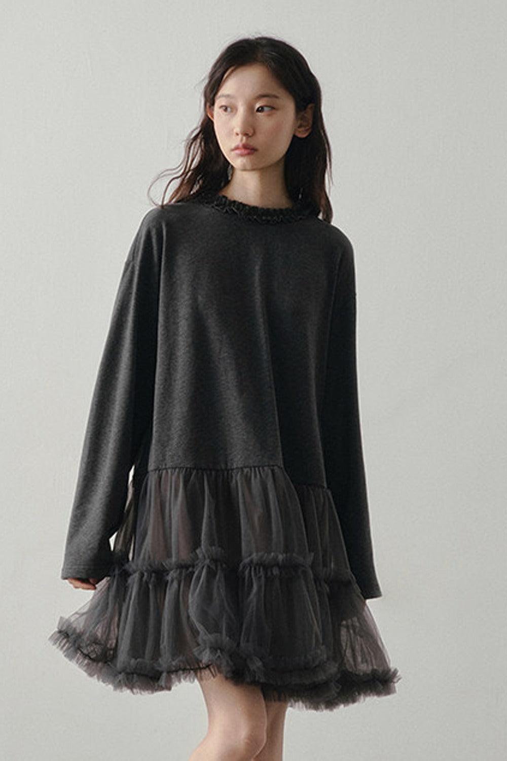 Gray Mesh Patchwork Long Sleeve Dress