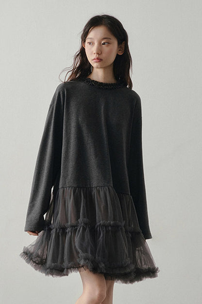 Gray Mesh Patchwork Long Sleeve Dress
