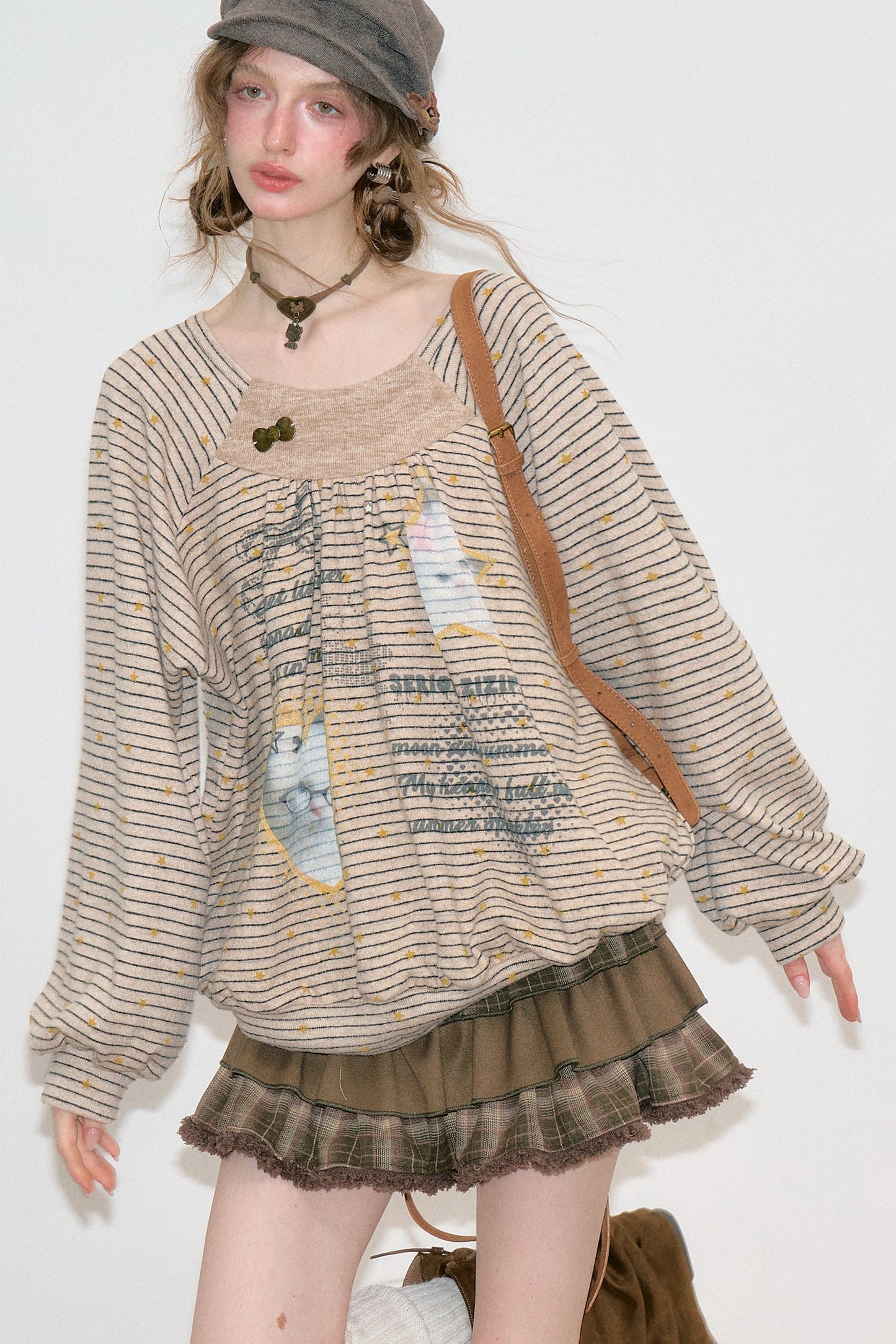 Striped Cat Print Round Neck Sweatshirt