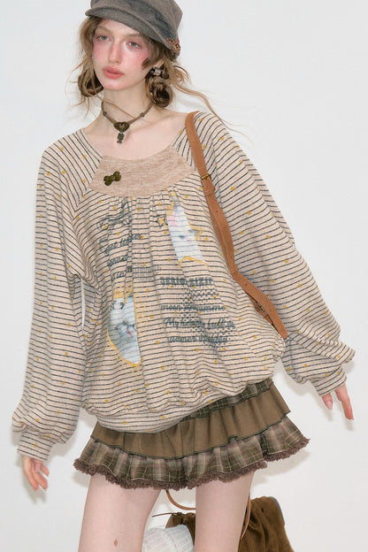 Striped Cat Print Round Neck Sweatshirt