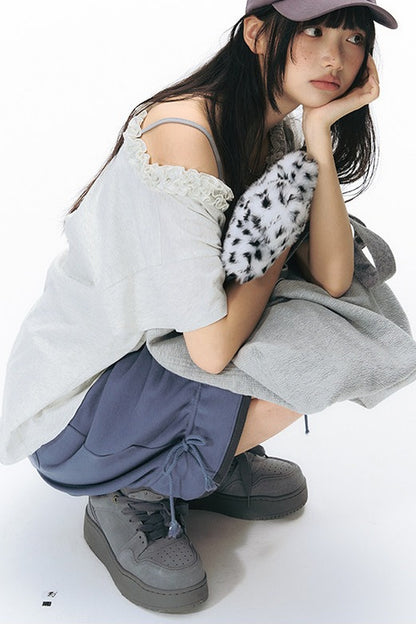Starwii Printed Ruffled Asymmetrical Shoulder T-Shirt