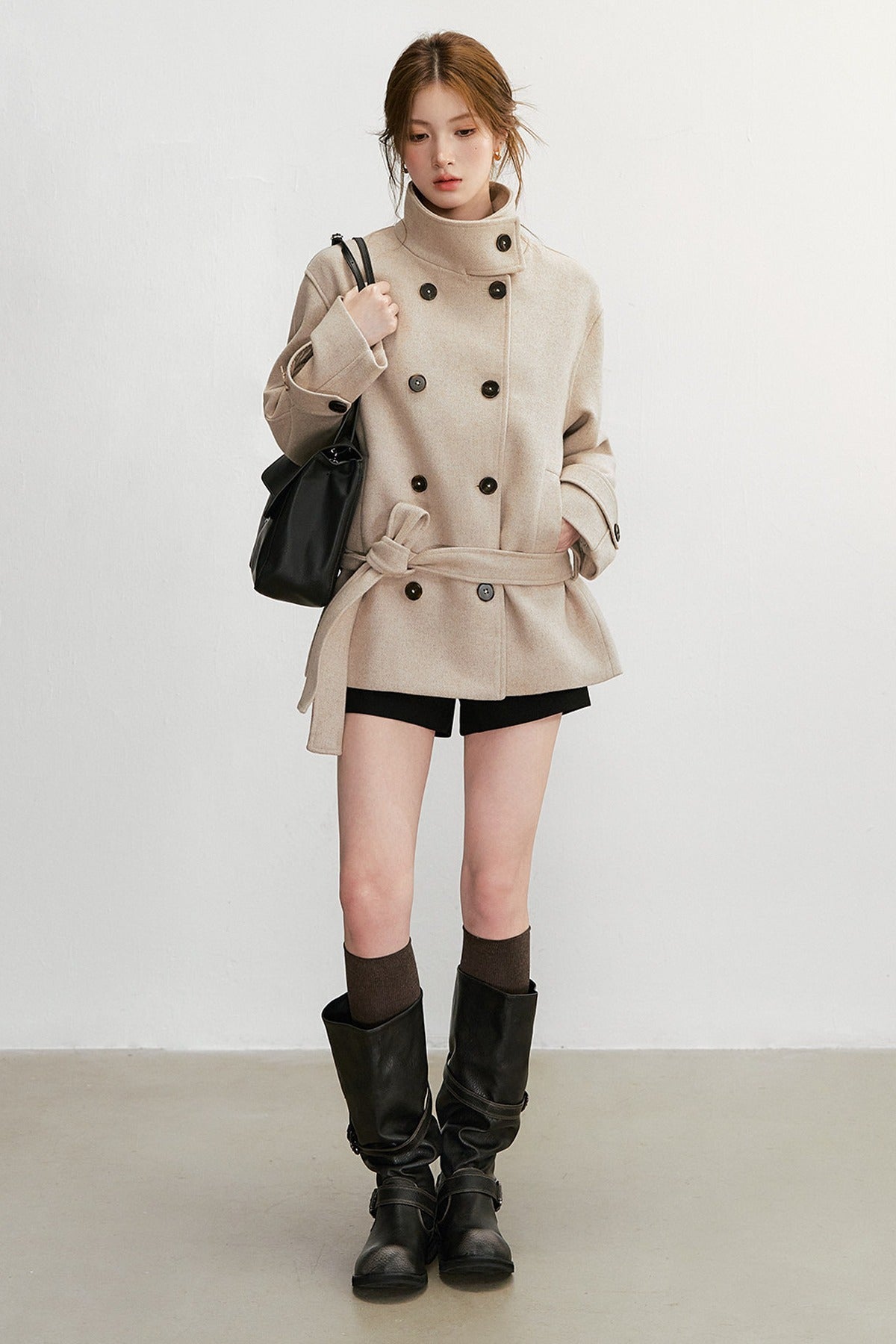 50% Wool Double-Breasted Tie Waist Jacket