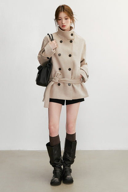 50% Wool Double-Breasted Tie Waist Jacket
