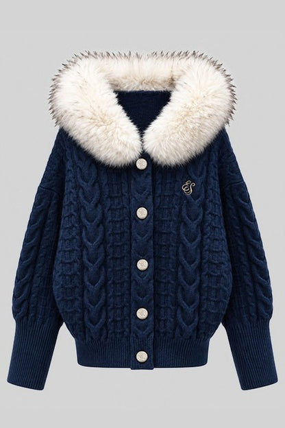 Fur Collar Knitted Cardigan and Skirt Set-Up