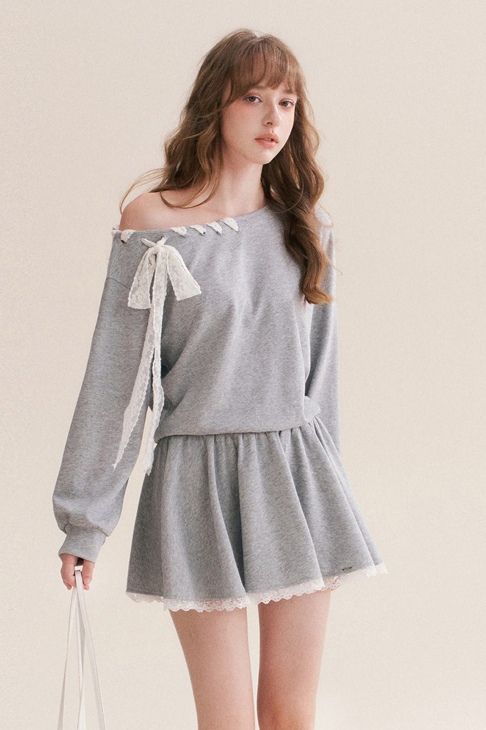 Off-Shoulder Lace Ribbon Pullover Dress