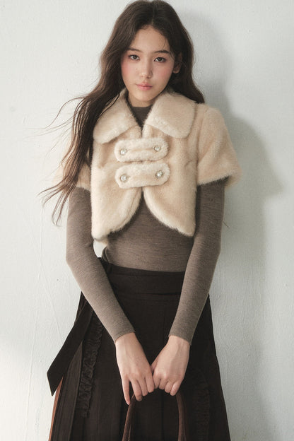 Short-Sleeved Faux Fur Double-Breasted Jacket