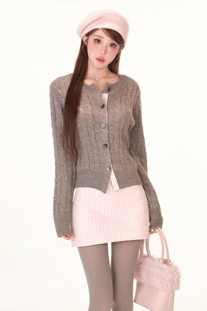 Color-Block Wool Blend Knit Cardigan Set-Up