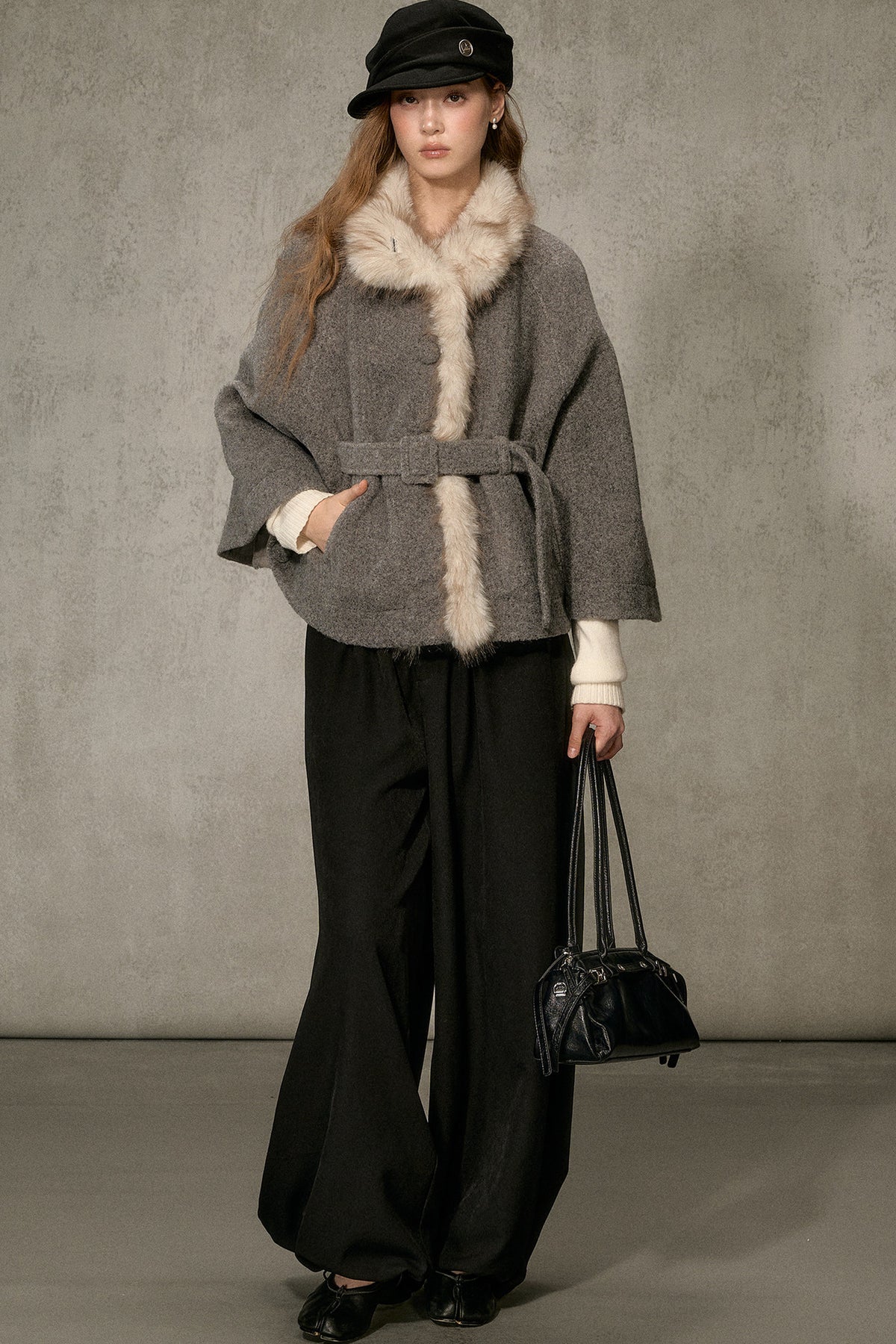 Floral Fur Collar Woolen Cape