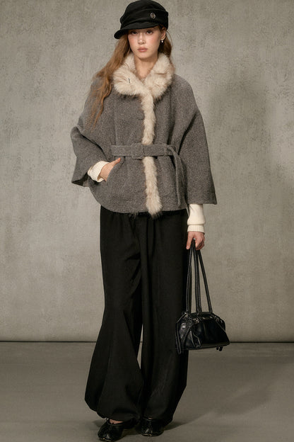 Floral Fur Collar Woolen Cape