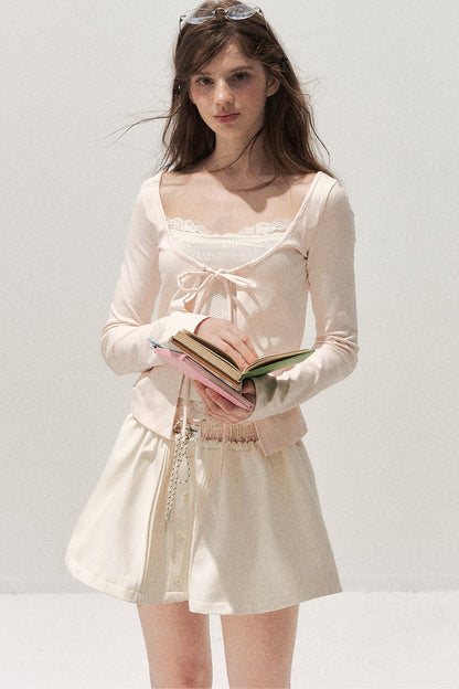 Lace Spliced Tie-Up Long Sleeve Top