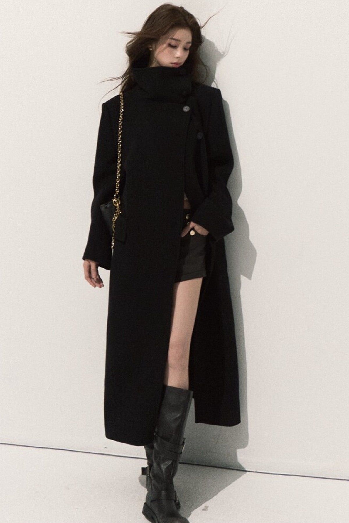 Manteau long en laine à col cheminée