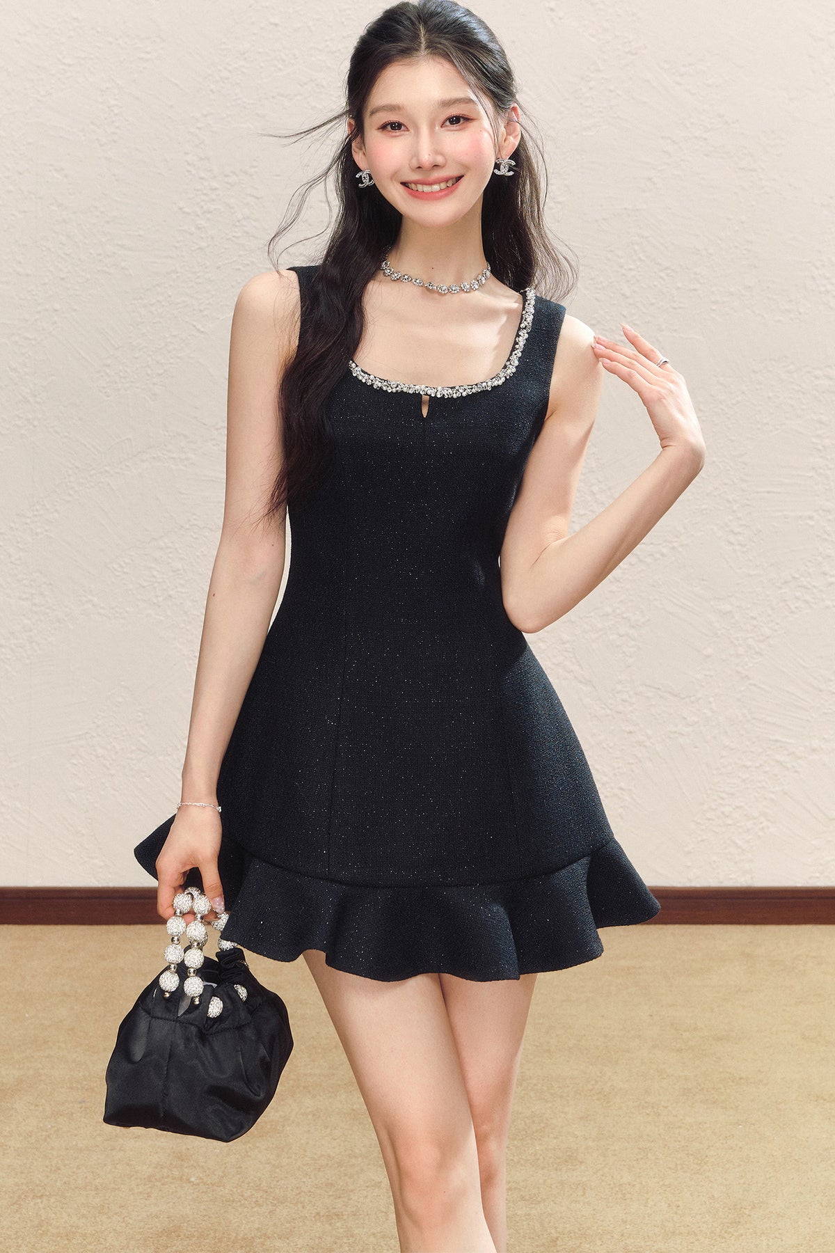 Black Square Neck Ruffled Hem Dress