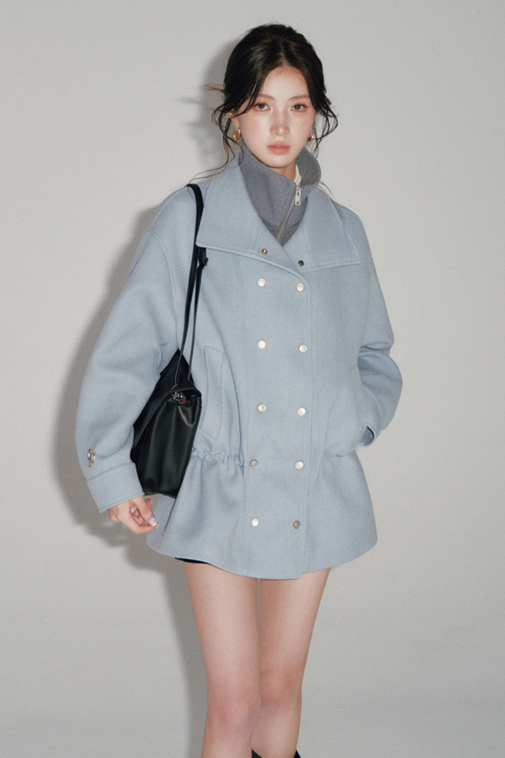 Blue Oversized Dropped Shoulder Double-Breasted Woolen Jacket