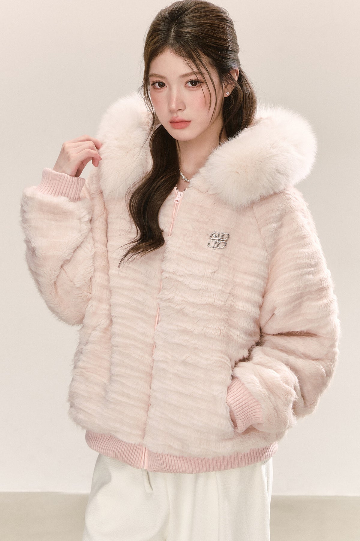 Pink Hooded Fur Collar Jacket